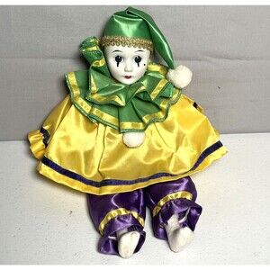 Porcelain Clown Mardi Gras Green Yellow Doll 12” Vintage
